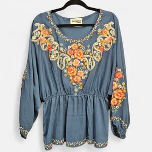 ​Savanna Jane Blue Floral Embroidered Boho Peasant Top 1X